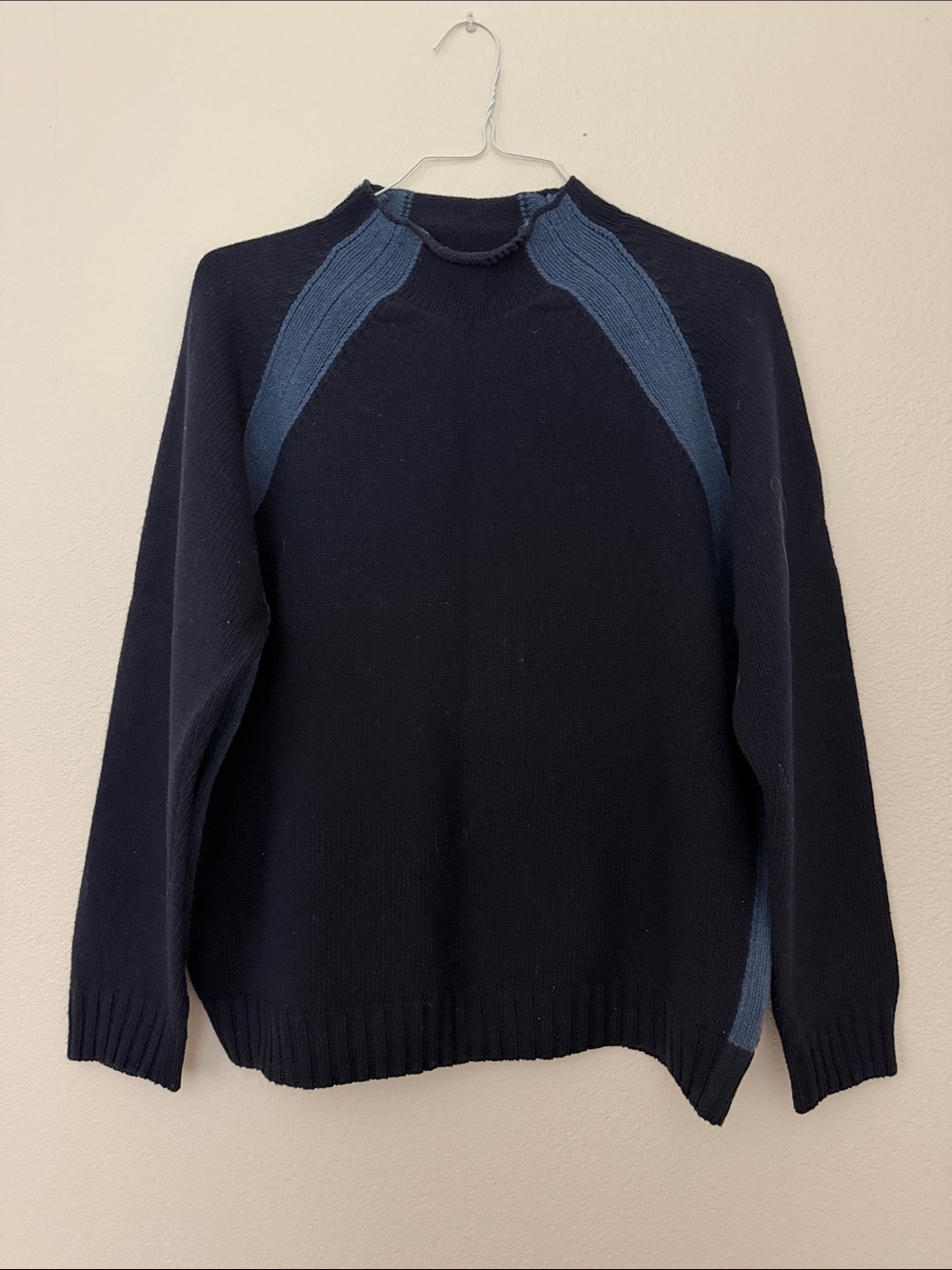 Hugo Boss Navy Crewneck Wool Sweater with Slate Blue Panels large
